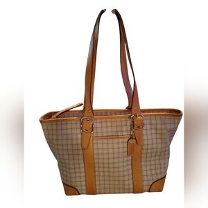Vintage Y2K Coach Hampton Tatersall Tote Bag 7579 Plaid W/Leather Trim